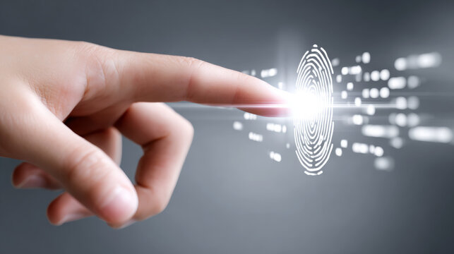 Finger touching digital fingerprint interface, symbolizing biometric security technology, with glowing light effects and abstract data visualization in a modern setting