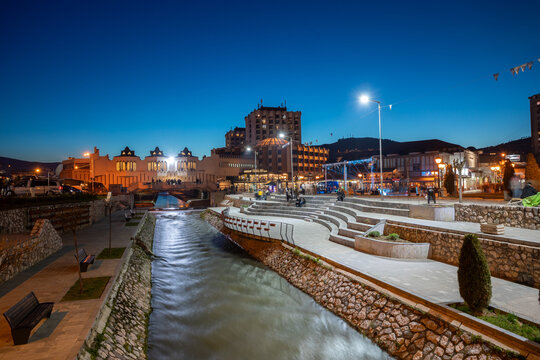 City center with riverside promenade. Novi Pazar, town of southern Serbia