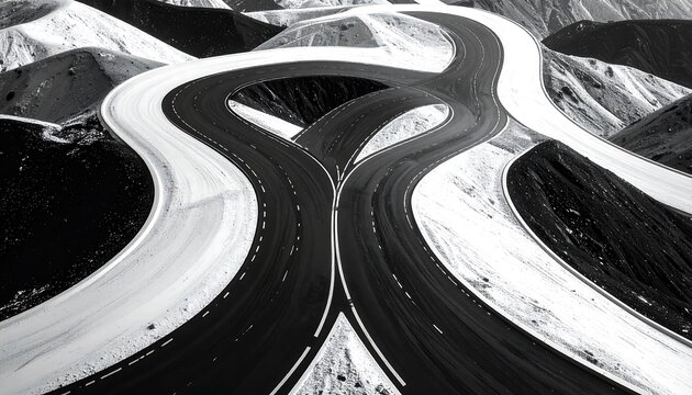 Black and white image of a winding road merging and splitting against a mountainous backdrop. Roads form intriguing looping shapes - Powered by Adobe