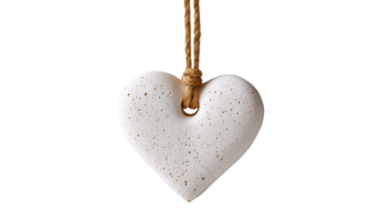 White ceramic heart ornament hanging from a natural twine, showcasing a textured surface and a charming design, symbolizing love and affection with a transparent background