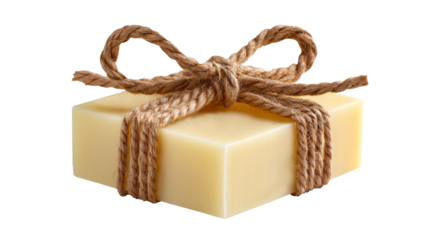 Yellow soap bar wrapped with natural twine, showcasing a minimalist design, perfect for eco-friendly products and gift packaging concepts