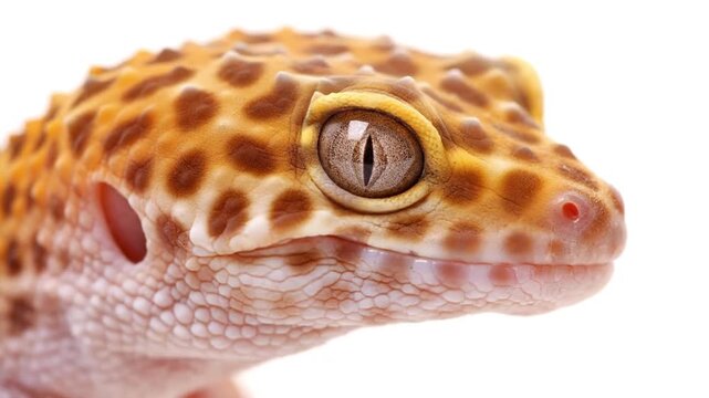 Close-up of a leopard gecko's head, showcasing its eye and spotted pattern.