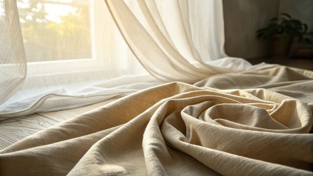 Close up of folded cotton fabric near a sunlit window