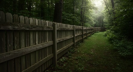 Fototapeta premium Wooden fence alongside path through dense forest with green foliage and sunlight