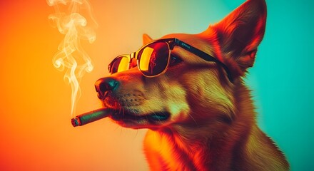 A cool dog wearing sunglasses and smoking a cigar, illuminated by vibrant orange and blue studio lighting with visible smoke.