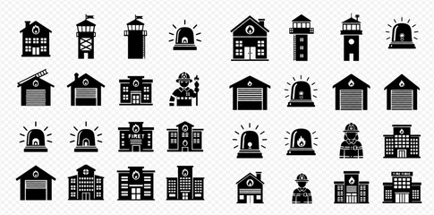 A collection of black and white fire station and emergency service icons.