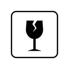 fragile packaging symbol, broken glass black sign, vector icon