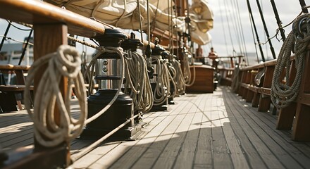 Wooden sailing ship deck with ropes and rigging under a bright sky