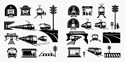 Black and white transportation icons including trains, buses, and traffic signals. © Adji