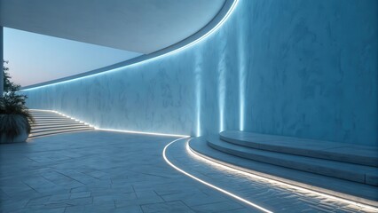 Curved Interior With Blue Neon Light Illuminating the Wall