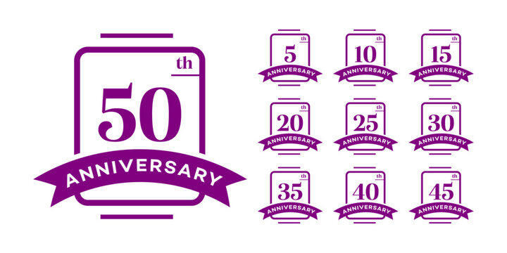 Anniversary Badges 5, 10, 15, 20, 25, 30, 35, 40, 45, 50 Purple Vector Collection