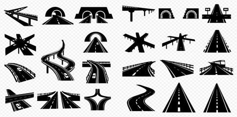 Black and white vector illustration of various road and highway designs.