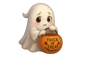 Cute halloween ghost holding trick or treat pumpkin bucket feeling sad, isolated on transparent background