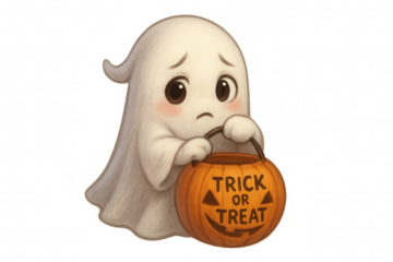 Cute halloween ghost holding trick or treat pumpkin bucket feeling sad, isolated on transparent background
