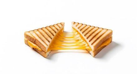 Grilled cheese sandwich cut in half with melted cheese stretching between the two pieces on a white background.