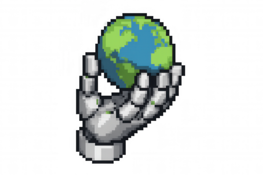 Robot hand holding a pixel art style earth globe with green continents and blue oceans. Transparent background