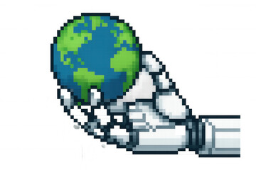 Robot hand holding pixel art earth, concept of ai control, technology impact on world, future, artificial intelligence