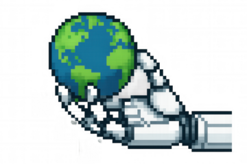 Robot hand holding pixel art earth, concept of ai control, technology impact on world, future, artificial intelligence