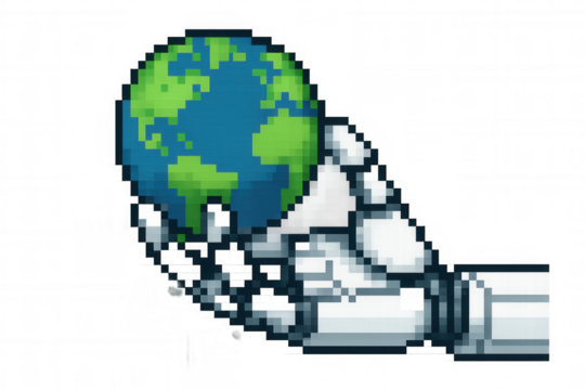 Robot hand holding pixel art earth, concept of ai control, technology impact on world, future, artificial intelligence