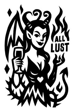 Provocative succubus woman with wine offers dark temptation and sinful pleasure for bold designs and edgy statements