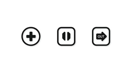 Essential minimalist UI/UX icons: Plus, Pause, and Out symbols for modern digital interface, web, and app design elements.