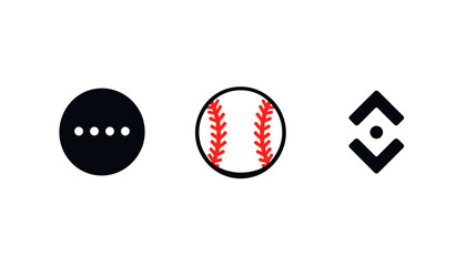 Obraz premium Modern minimalist set of user interface (UI) icons, including a baseball, an ellipsis for 'more options,' and an up-down arrow for sorting or expand/collapse on white background.