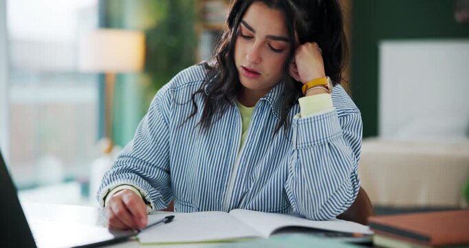 Girl, writing and student tired with laptop for studying for important exam or assignment, burnout and mental block or fatigue. Learner, digital technology and research for assessment and education.