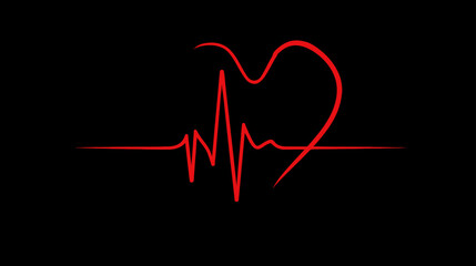 Red Heart and Heartbeat Line on Black Background. Modern ECG Symbol for Health, Medical, Love, Passion, and Vital Signs Concept.