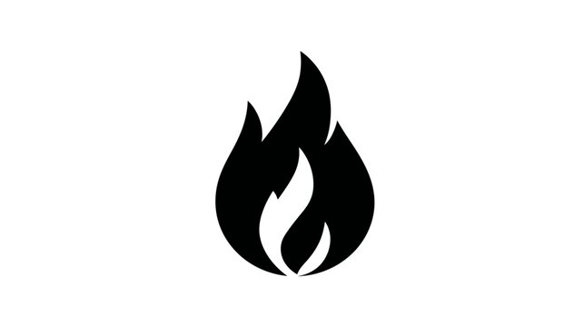 Black flame icon on white background, simple fire symbol for heat, energy, danger, cooking, or warning graphic design element.