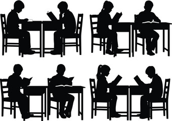 Group of students reading, school children at desks, studying in pairs, educational activity, classroom learning concept, vector silhouette illustration
