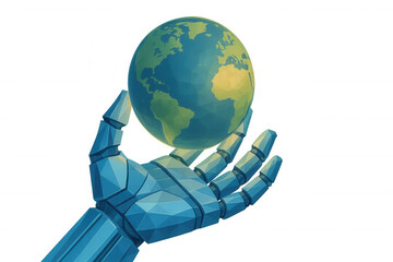 Robot hand holding low poly earth globe, concept of artificial intelligence controlling global technology future