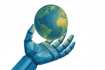 Robot hand holding low poly earth globe, concept of artificial intelligence controlling global technology future