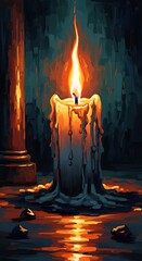 Fototapeta premium Melting Candle Illuminating Ancient Chamber in Pixel Art Style