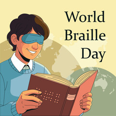World Braille Day January 4th Illustration with Blind Person Reading a Book