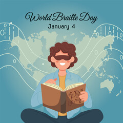 World Braille Day January 4th Illustration with Blind Person Reading a Book