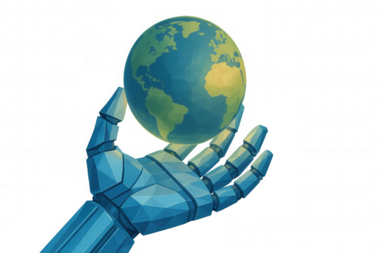 Robot hand holding low poly earth globe, concept of artificial intelligence controlling global technology future