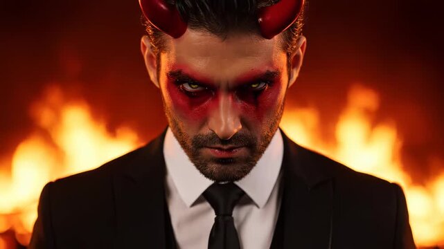 Cinematic Portrait of Man in Suit with Devil Horns and Fire