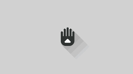Flat design hand icon with upward pointing triangle on palm, black silhouette with long shadow on light gray background. UI element.