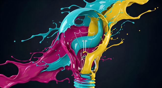 Vibrant idea explosion with colorful paint splashing around light bulb concept