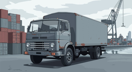 Vintage truck loaded in the industrial area with shipping containers