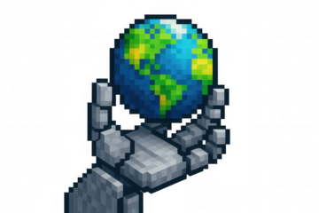 Robot hand gently cradling a pixelated earth, symbolizing ai responsibility, digital control, and the future of global technology
