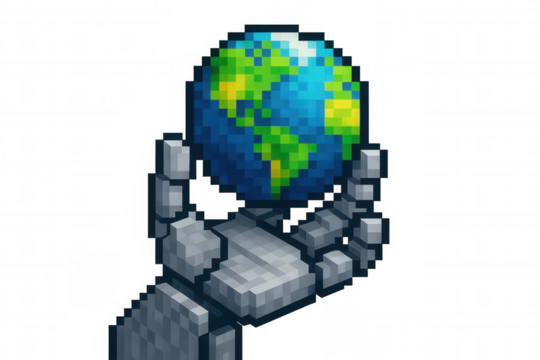 Robot hand gently cradling a pixelated earth, symbolizing ai responsibility, digital control, and the future of global technology