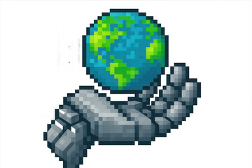 Robot hand holding pixelated earth globe, world in hand concept, digital responsibility technology