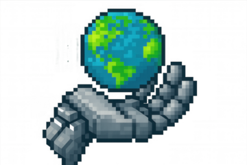 Robot hand holding pixelated earth globe, world in hand concept, digital responsibility technology