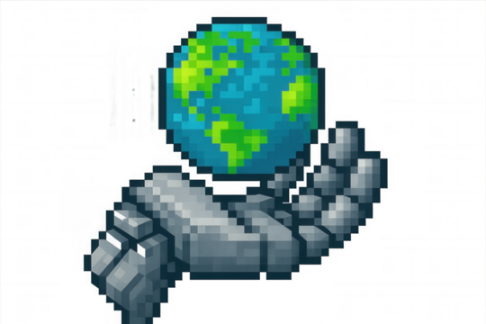 Robot hand holding pixelated earth globe, world in hand concept, digital responsibility technology