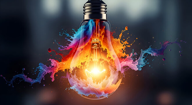 Vibrant lightbulb explodes with colorful creativity and bright ideas