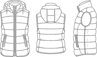 Padded sleeveless vest, hooded winter gilet, technical fashion sketch, garment flat drawing, quilted outerwear, CAD vector illustration, apparel design