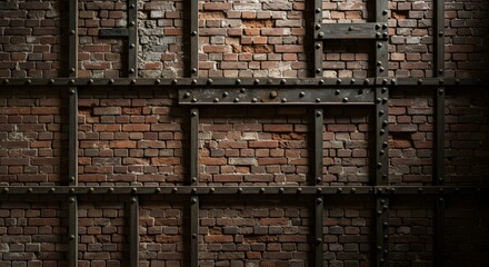 Detailed close-up of a rugged brick wall featuring textured, weathered surfaces and robust metal support beams with rivets, reflecting an old industrial aesthetic