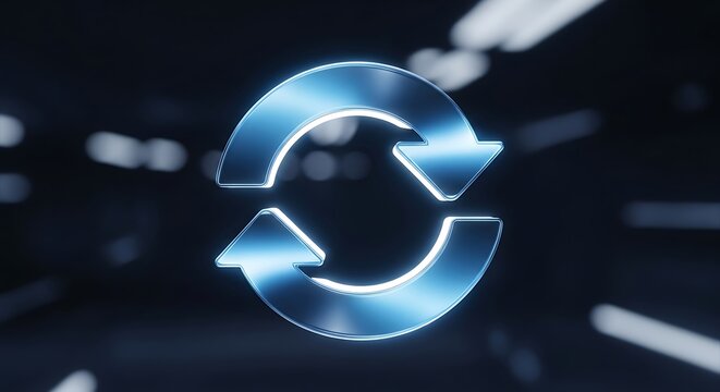 Modern blue refresh arrows glow in abstract dark background, symbolizing cycle