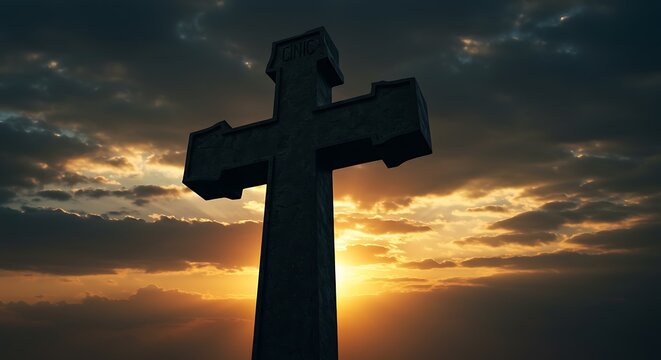Silhouette of a cross against a dramatic sunset sky religious symbol
